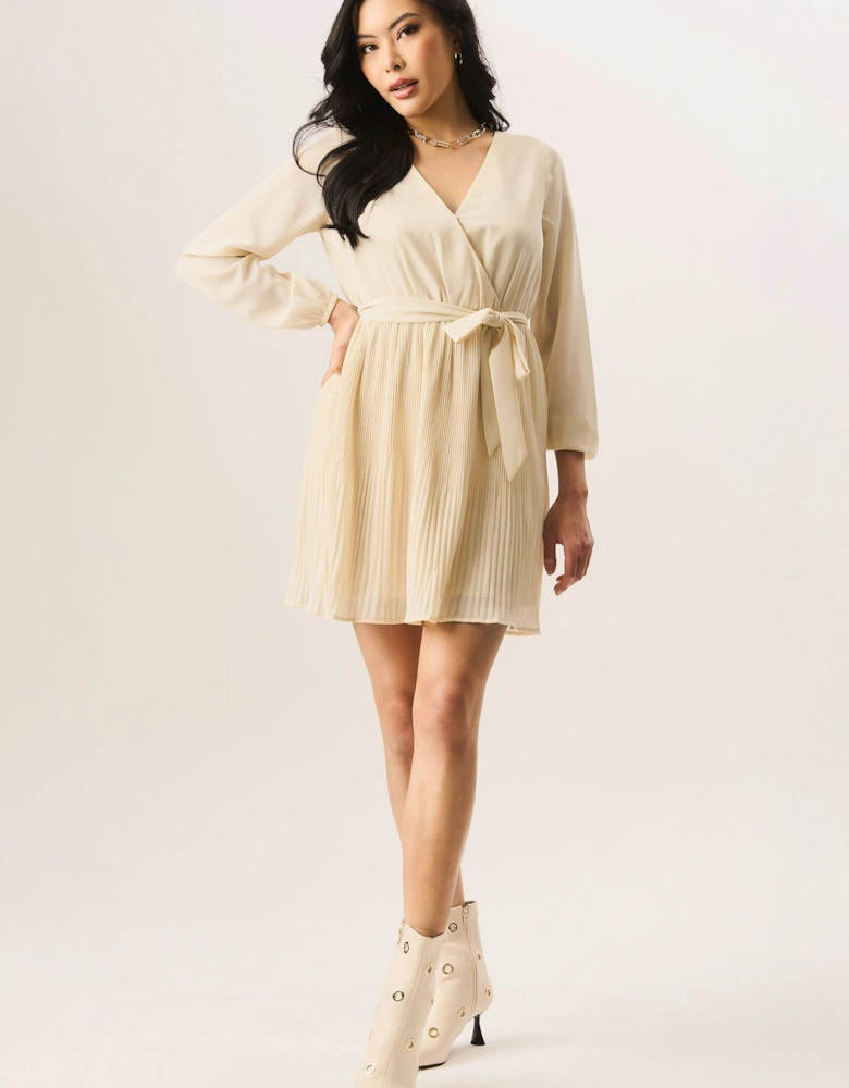 Cream Pleated Longsleeve Wrap Mini Dress