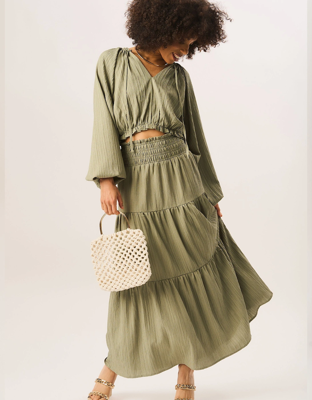 Khaki Smocked Tiered Maxi Skirt, 2 of 1