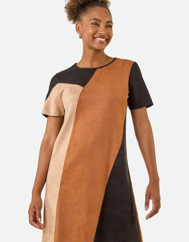 Panelled Faux Suede Shift Stretch Dress