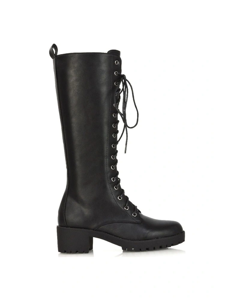 'Aspen' Lace Up Block High Heel Knee High Biker Boots