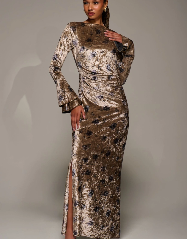 Ruffle Sleeve Boat Neck Velvet Maxi Dress