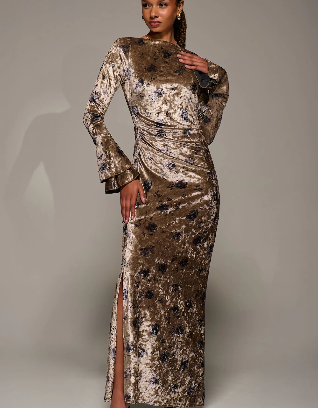 Ruffle Sleeve Boat Neck Velvet Maxi Dress, 2 of 1