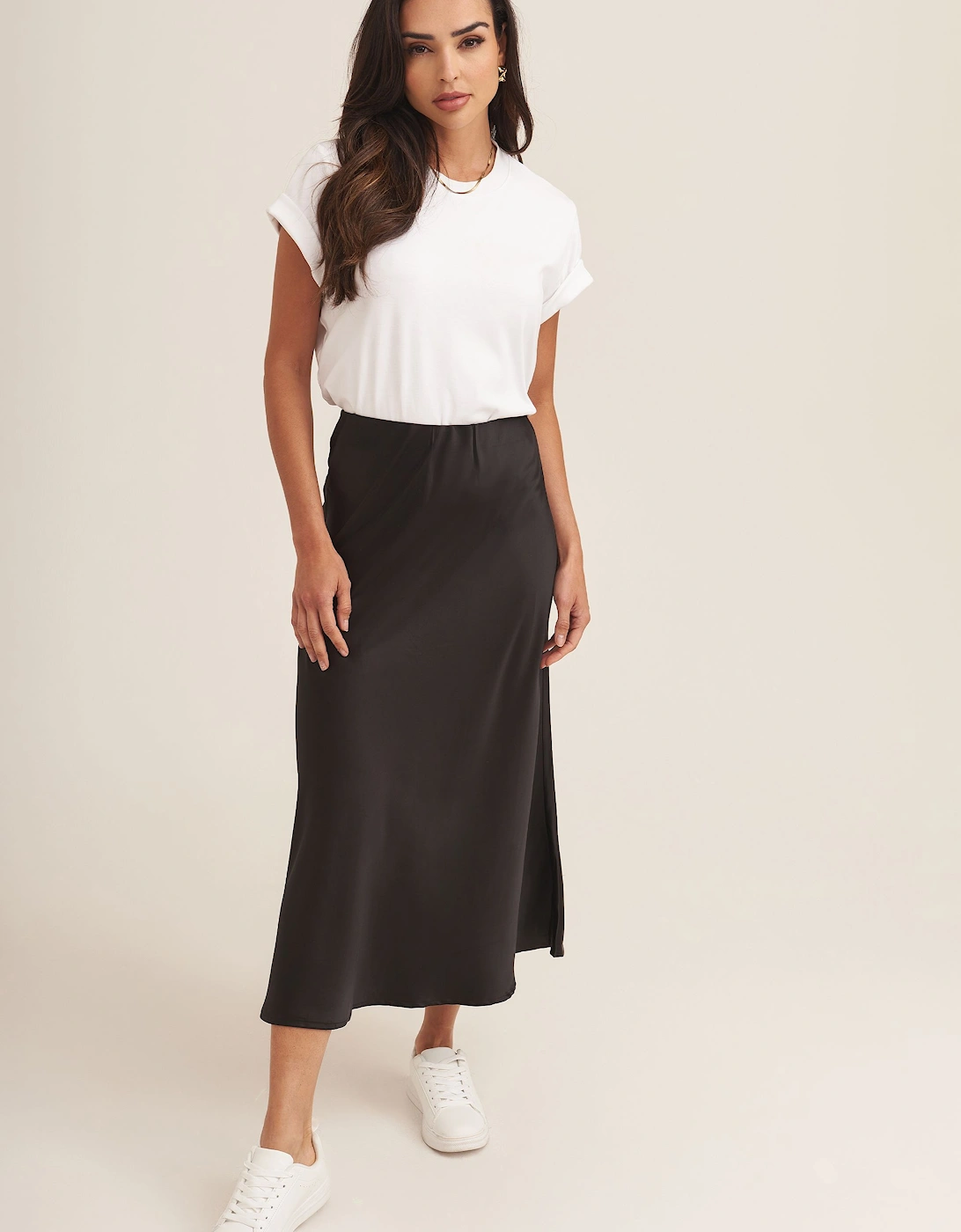 Black Satin Bias Cut Midi Skirt, 2 of 1