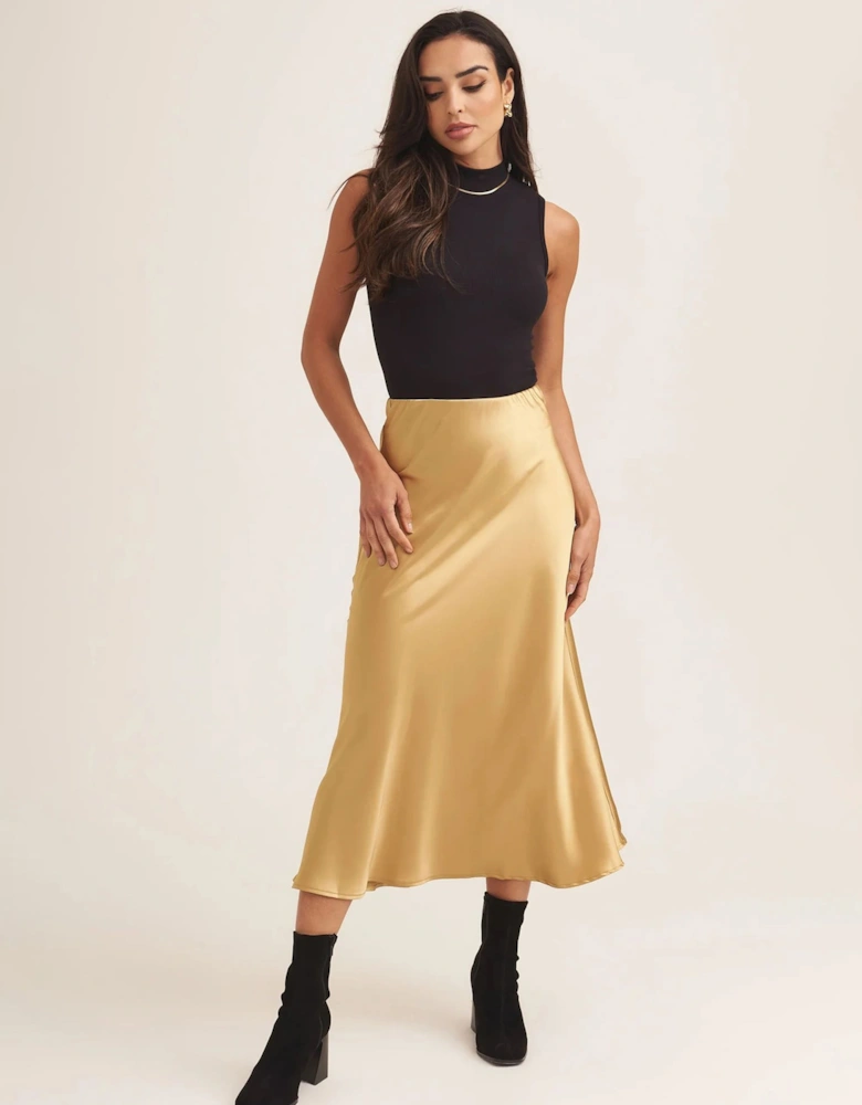 Sandy Gold Satin Bias Cut Midi Skirt