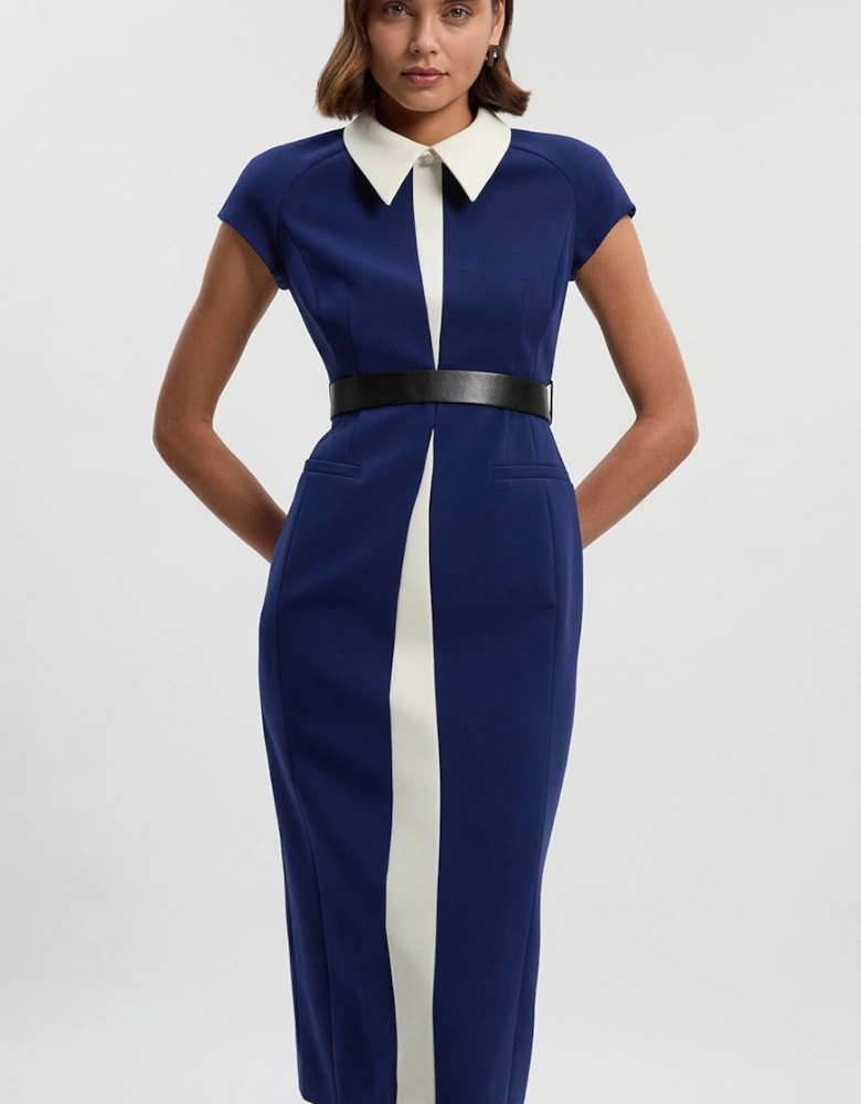 Compact Stretch Contrast Collar Tailored Midi Dress
