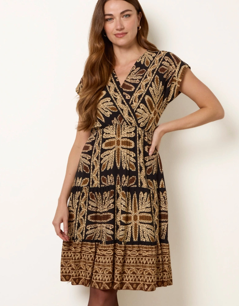 Brown Aztec Print V Neck Dress