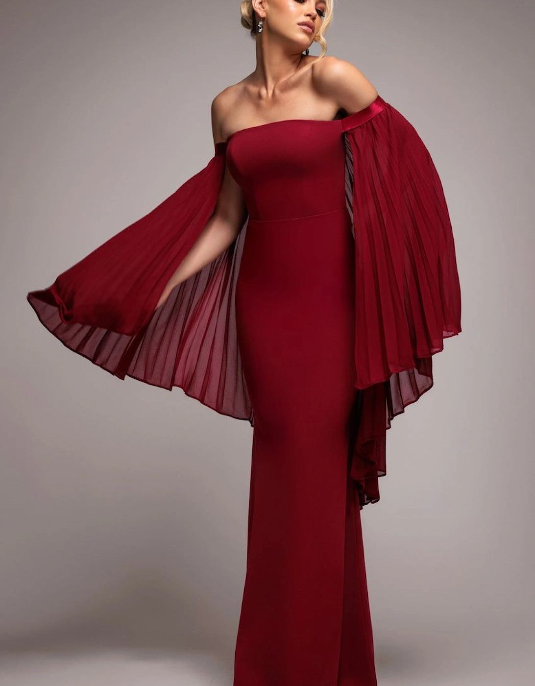 Strapless Maxi Dress With Pleated Chiffon Cape, 2 of 1