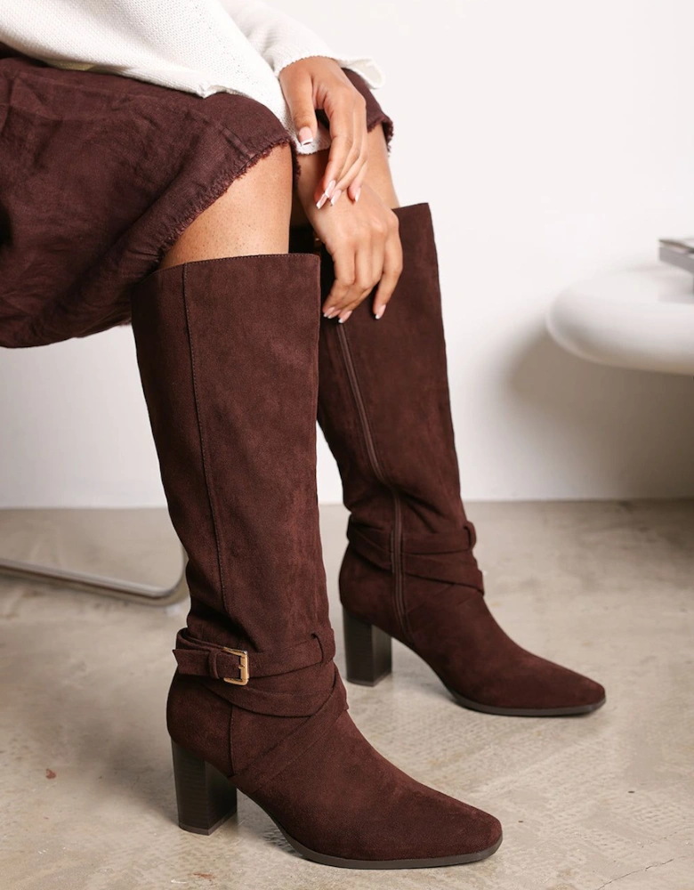 'Jolisa' Suede Buckle Strap Knee High Boots Block Heel Pointed Toe