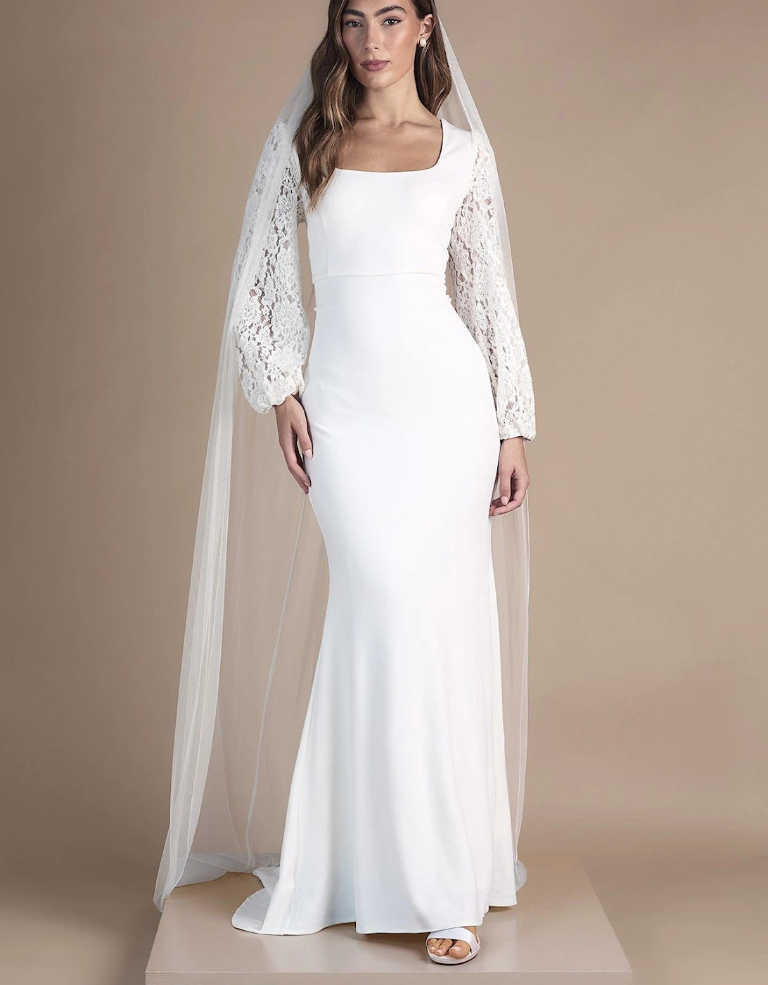 Square Neck Statement Sleeve Maxi Fishtail Wedding Dress, 2 of 1