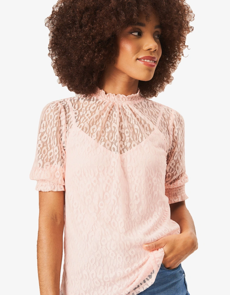 Light Pink High Neck Lace Loose Fit Blouse