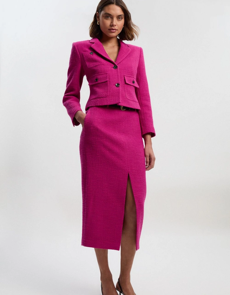 Textured Tweed Tailored Belted Pencil Skirt