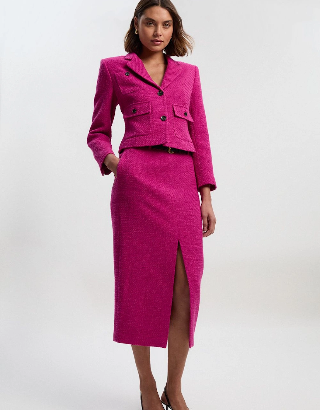 Textured Tweed Tailored Belted Pencil Skirt, 2 of 1