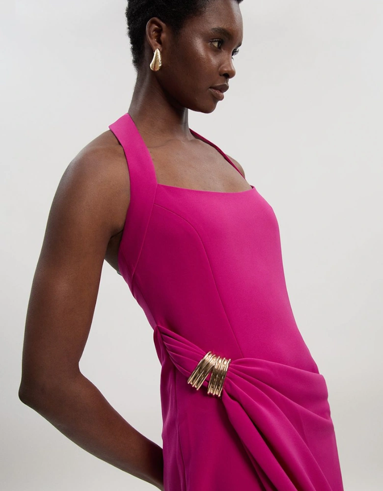 Polished Tailored Halter Neck Gathered Midi Dress