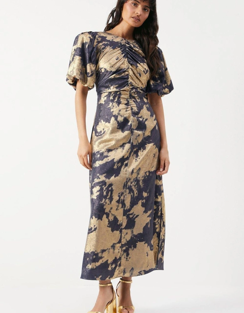 Metallic Satin Ruched Front Puff Sleeve Midi Dress