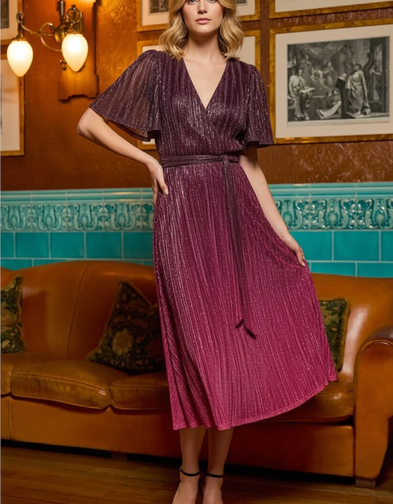 Ombre Shimmer Plisse Midi Dress