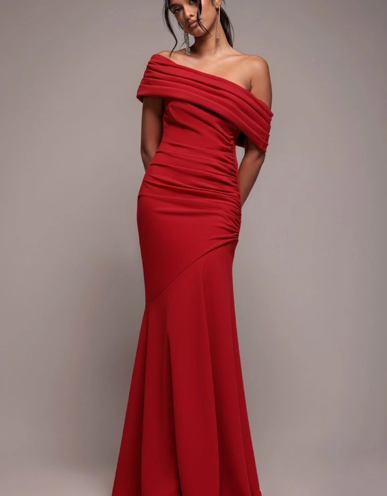 Pleated One Shoulder Bardot Fit And Flare Maxi Dress