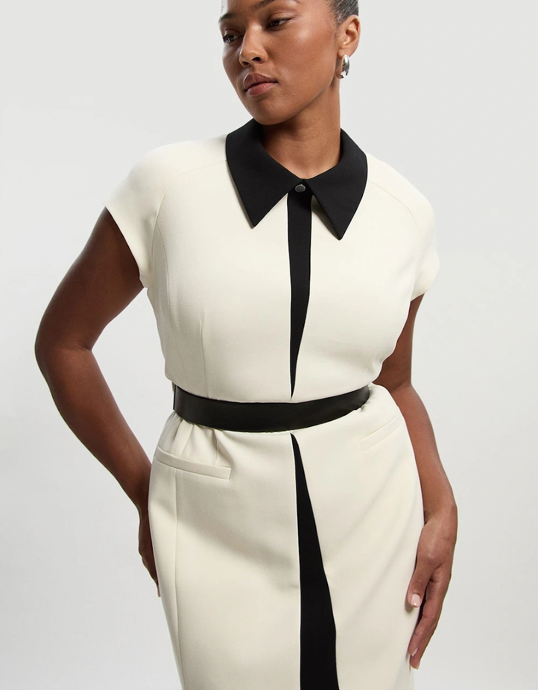 Plus Size Compact Stretch Contrast Collar Tailored Midi Dress, 2 of 1