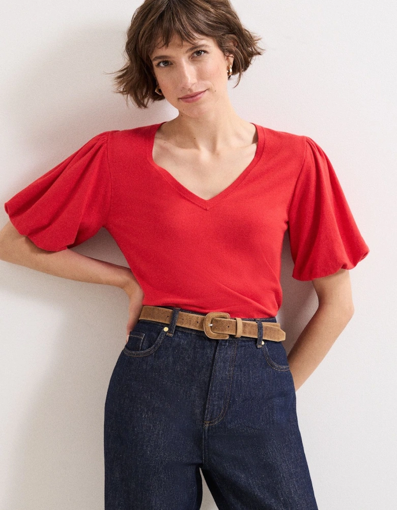 V Neck Puff Sleeve Knit Top