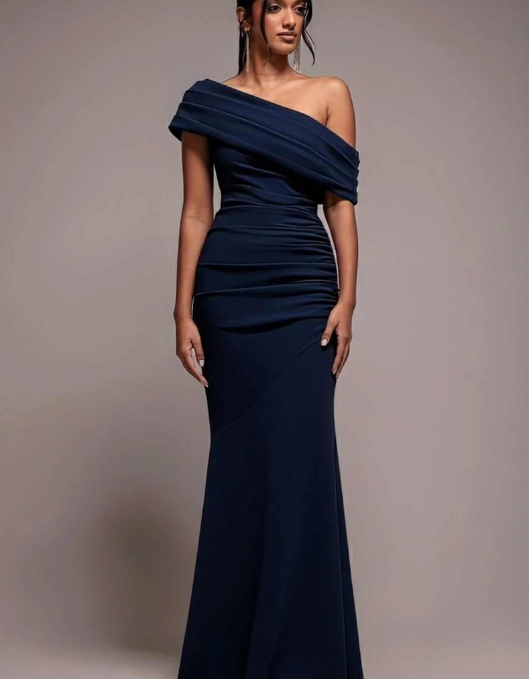 Pleated One Shoulder Bardot Fit And Flare Maxi Dress, 2 of 1