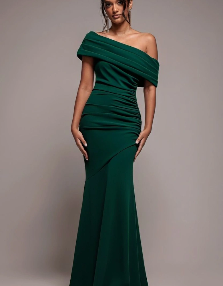 Pleated One Shoulder Bardot Fit And Flare Maxi Dress