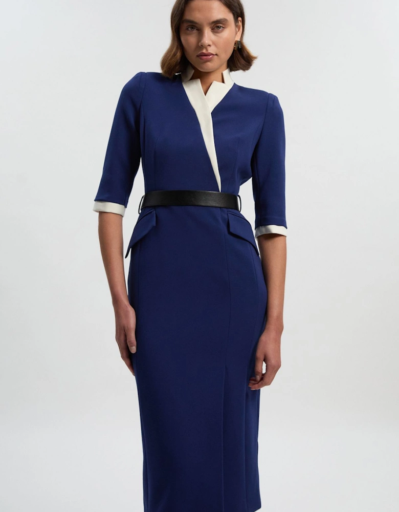 Compact Stretch Tipped Tailored Belted Forever Midi Dress