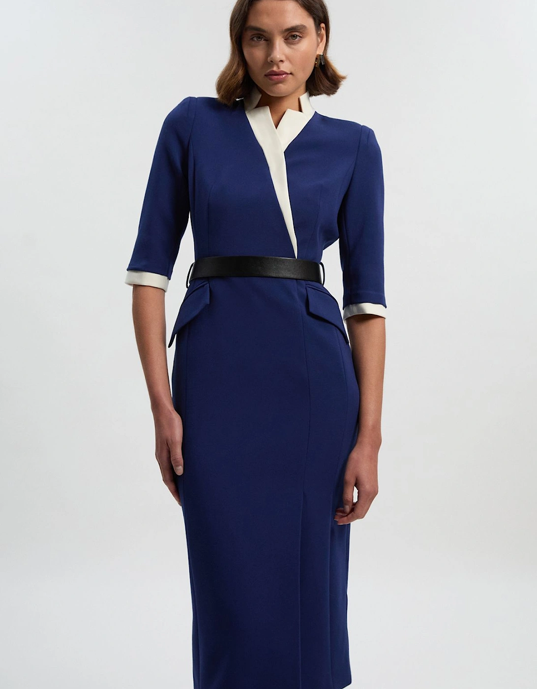 Compact Stretch Tipped Tailored Belted Forever Midi Dress, 2 of 1