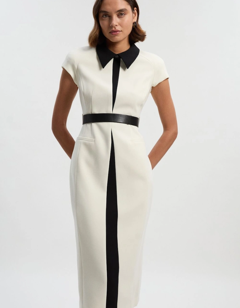 Compact Stretch Contrast Collar Tailored Midi Dress