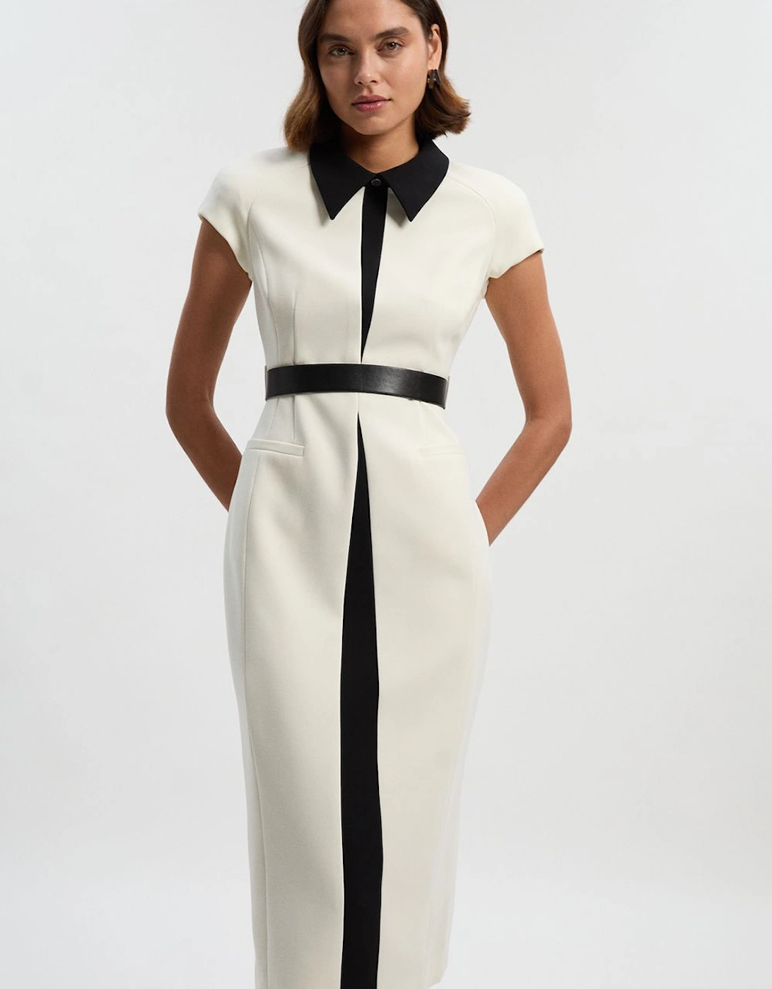 Compact Stretch Contrast Collar Tailored Midi Dress, 2 of 1