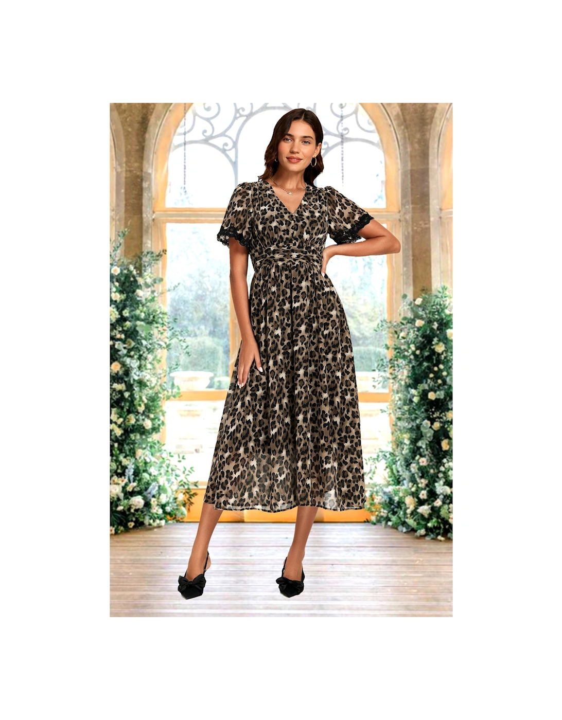 Leopard Print Lace Trim On Sleeve Midi Dress In Brown, 2 of 1