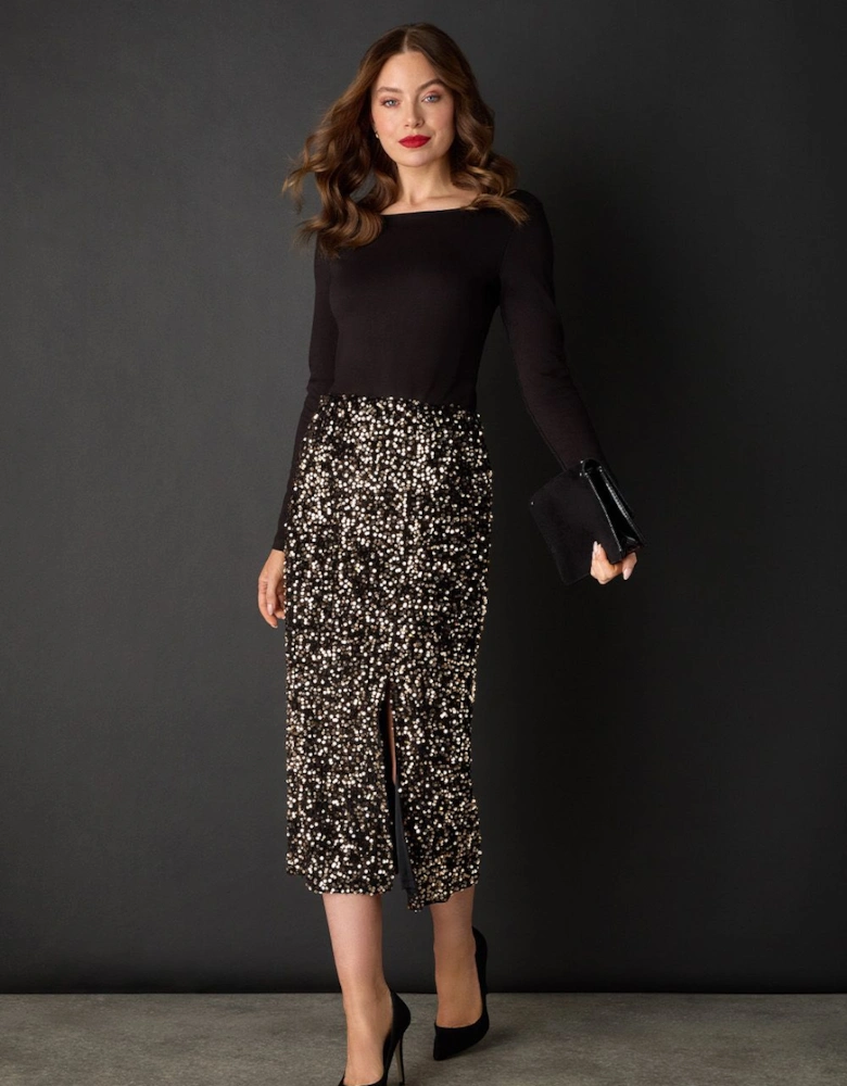 Sequin Embellished High Waist Midi Skirt