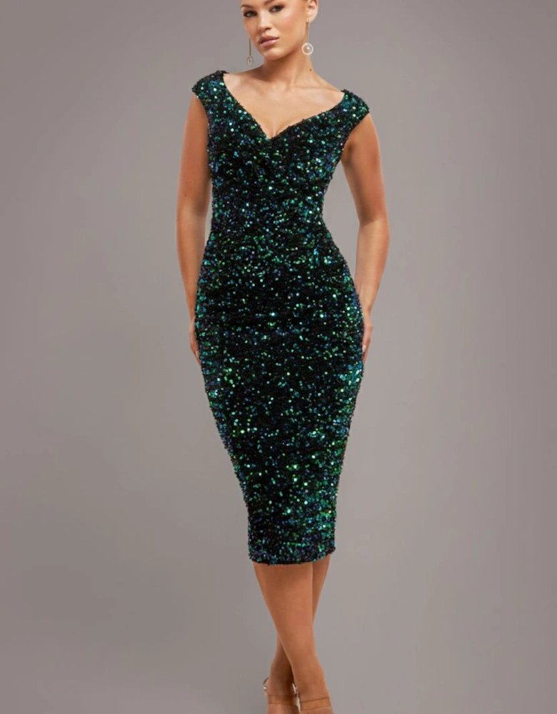 Multi Sequin & Velvet Bardot Midi