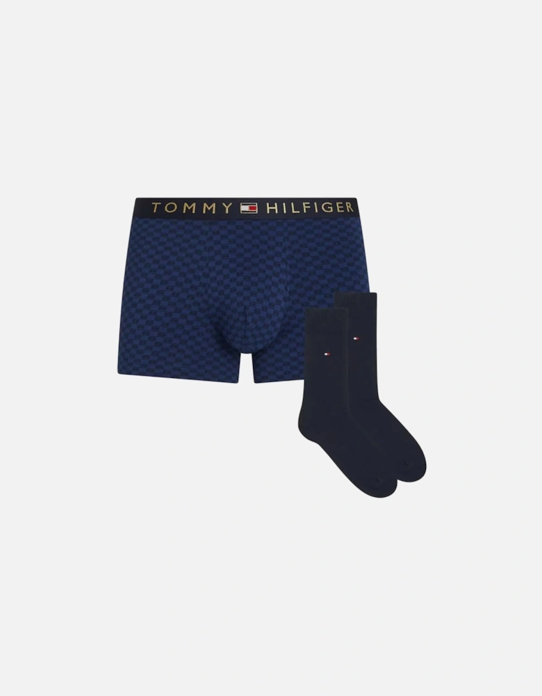 Tonal Flag Print Boxer Trunks & Socks Gift Set, Navy/gold