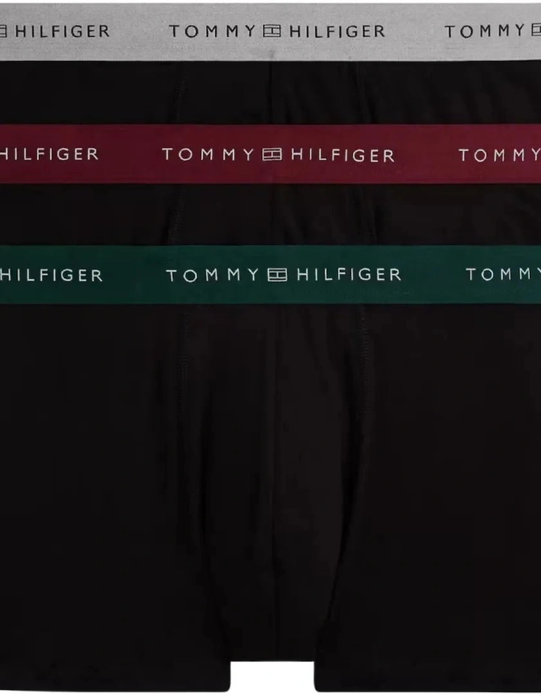 3-Pack Metallic Waistband Boxer Trunks Gift Set, Black w/ green/rouge/silver
