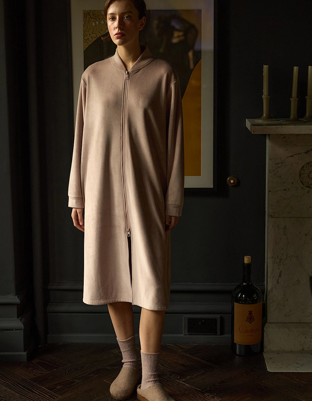 Ribbed Zip Front Housecoat in Mink, 9 of 8