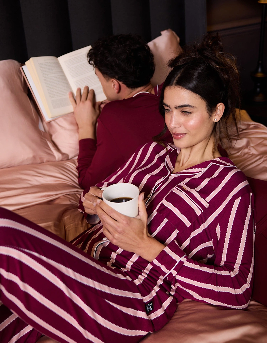 Bamboo Long Pyjama Set in Bordeaux Stripe