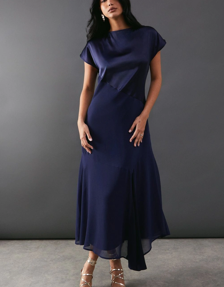 Satin Georgette Panelling Asymmetric Hem Midi Dress