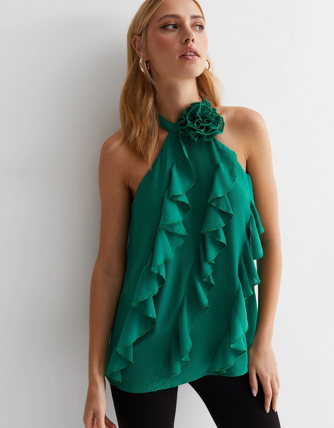 Green Ruffle Detail Halter Neck Top, 2 of 1
