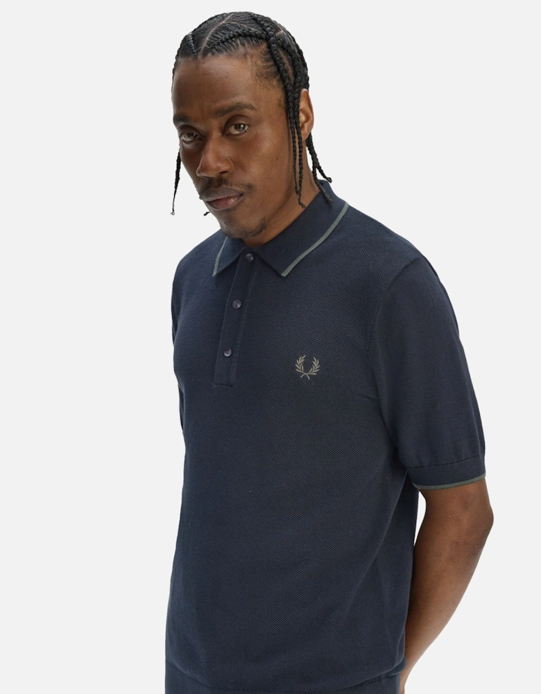 Pique Stitch Knitted Polo Shirt Navy