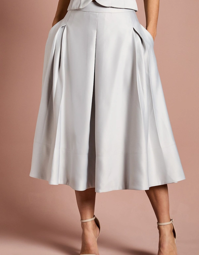 Satin Pleat Front Midi Full Skirt
