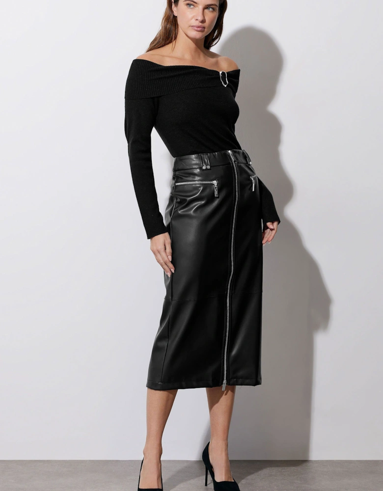 Faux Leather Zip Detail Skirt