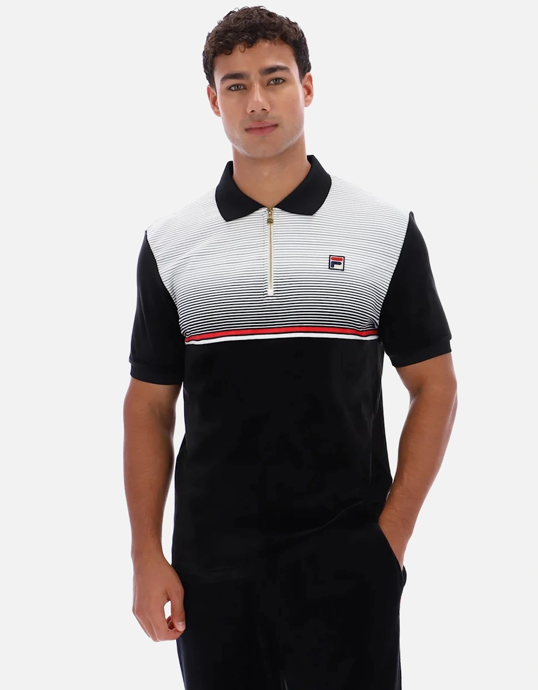 Paco Zip Stripe Velour Polo Shirt Black/Gardenia/Red