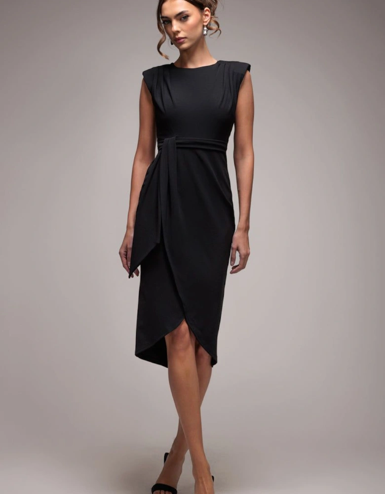 Sleeveless Asymmetric Wrap Midi Dress