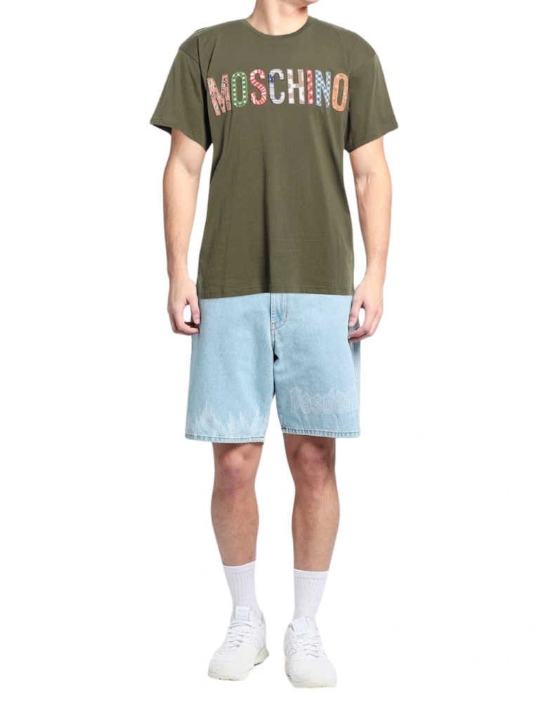 Bold Embroidered Multicolour Logo Green T-Shirt