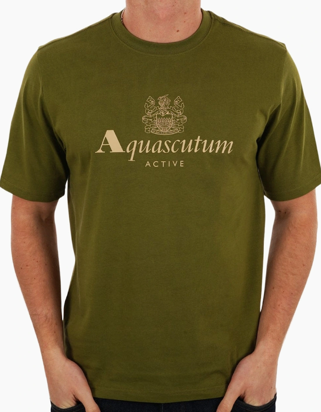 Aquascutum Men's Tan Active Big Logo T-Shirt Army Green