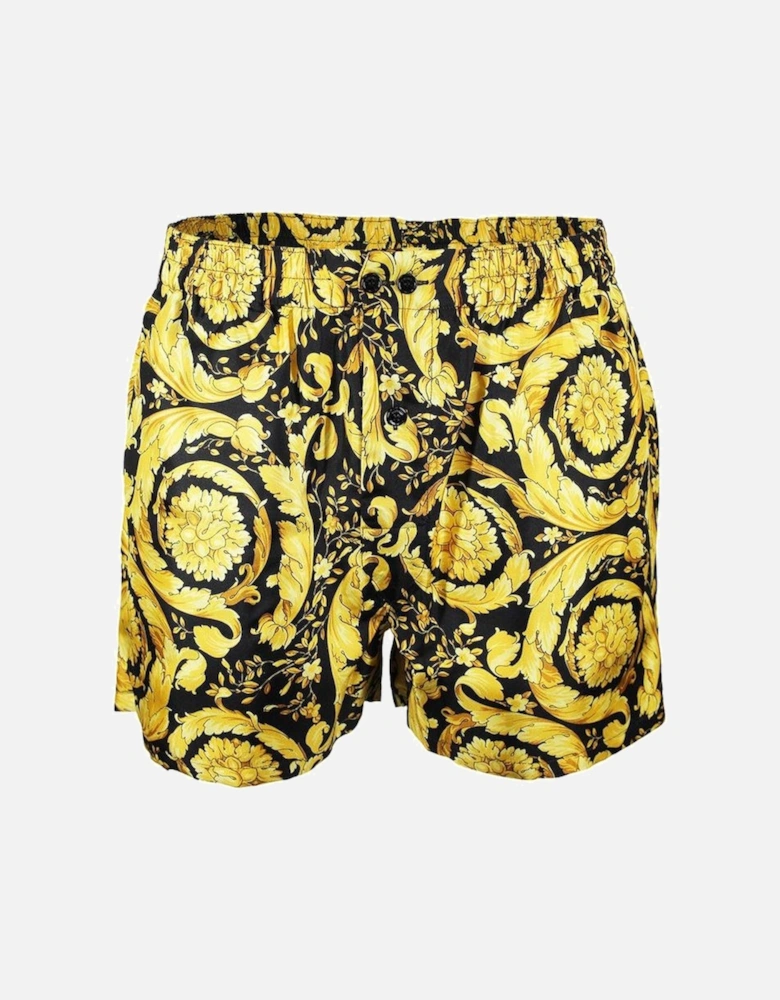 Silk Barocco Print Pyjama Shorts, Black/Gold