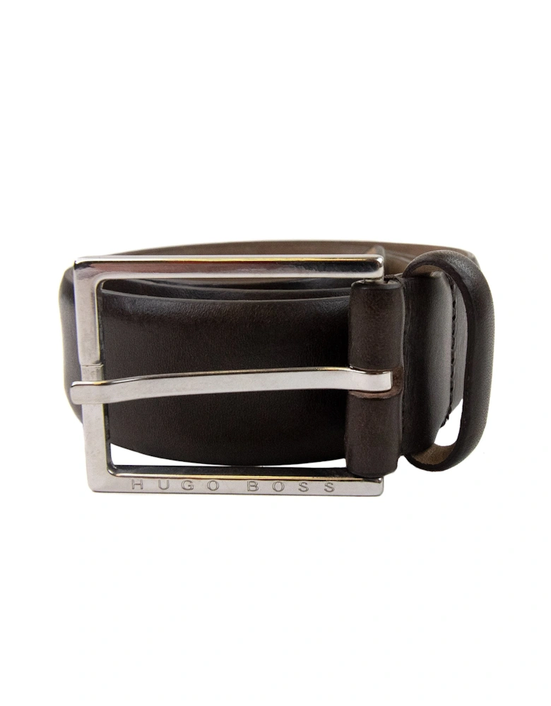 Branded Metal End Tip Belt Dark Brown