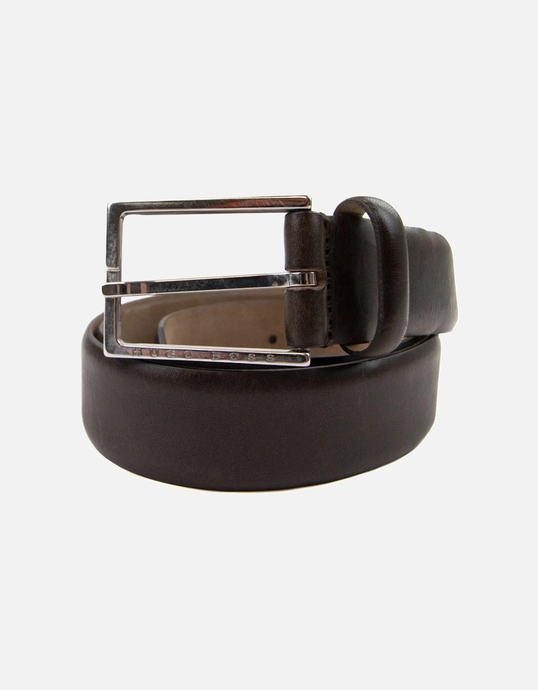 Branded Metal End Tip Belt Dark Brown