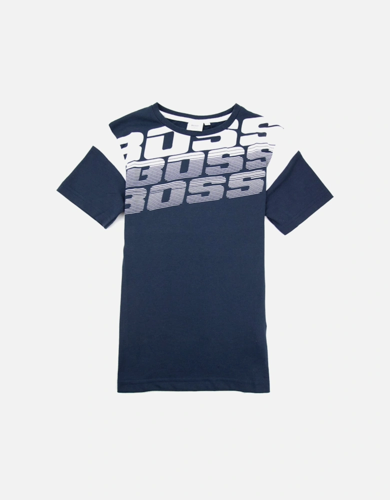 Kids Logo Print Colour Block T Shirt Navy