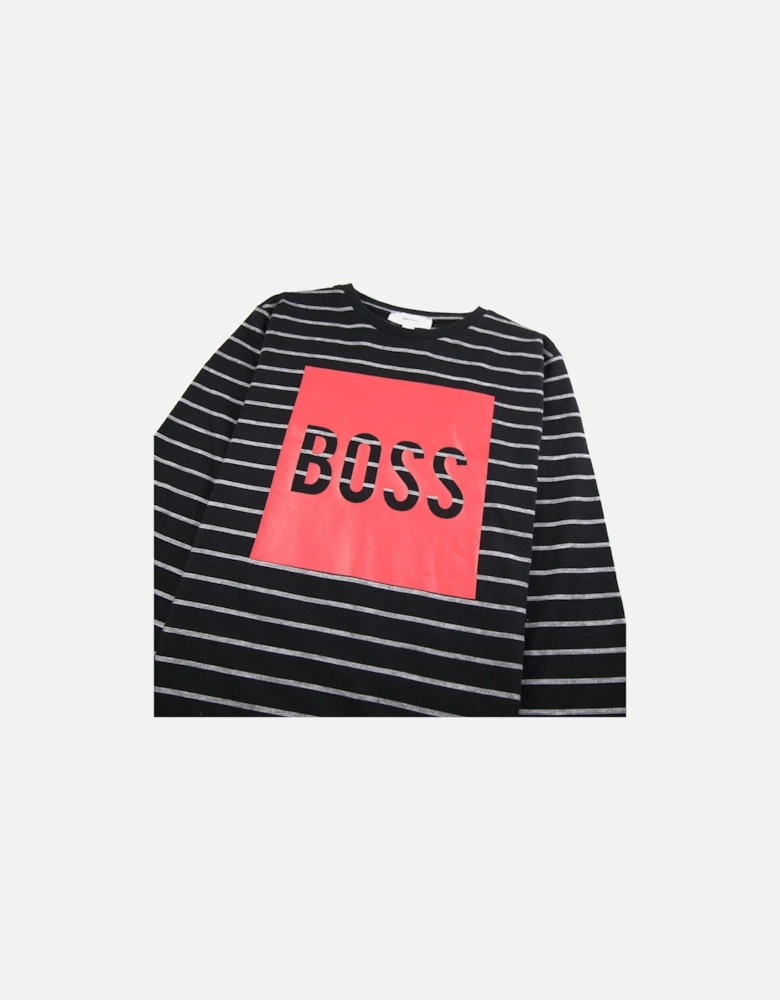 Kids Red Boss Logo Stripe Long Sleeve Black