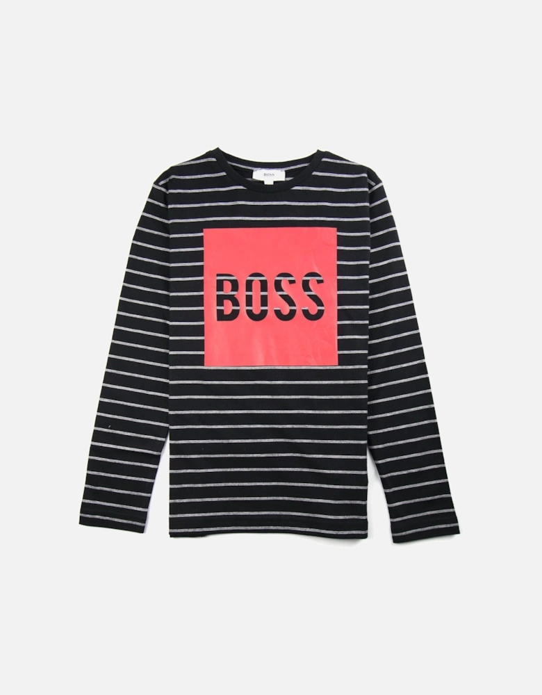 Kids Red Boss Logo Stripe Long Sleeve Black